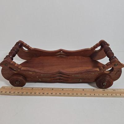 LOT 36D: Japan Blue Willow Divided Plate, Made in China Porcelain Trinket Box, and Wooden Wheeled Tray with Brass Inlay