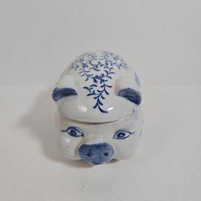 LOT 36D: Japan Blue Willow Divided Plate, Made in China Porcelain Trinket Box, and Wooden Wheeled Tray with Brass Inlay