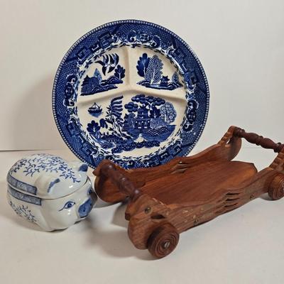 LOT 36D: Japan Blue Willow Divided Plate, Made in China Porcelain Trinket Box, and Wooden Wheeled Tray with Brass Inlay