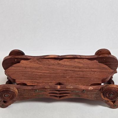 LOT 36D: Japan Blue Willow Divided Plate, Made in China Porcelain Trinket Box, and Wooden Wheeled Tray with Brass Inlay