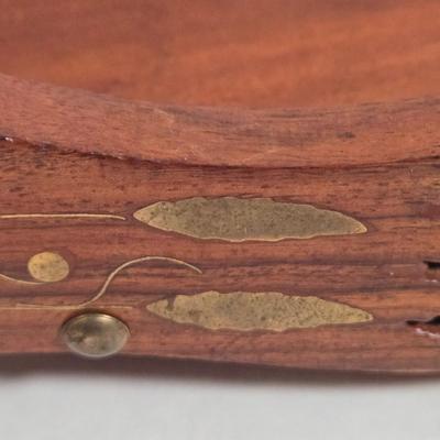 LOT 36D: Japan Blue Willow Divided Plate, Made in China Porcelain Trinket Box, and Wooden Wheeled Tray with Brass Inlay