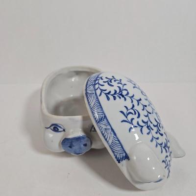 LOT 36D: Japan Blue Willow Divided Plate, Made in China Porcelain Trinket Box, and Wooden Wheeled Tray with Brass Inlay