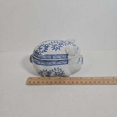 LOT 36D: Japan Blue Willow Divided Plate, Made in China Porcelain Trinket Box, and Wooden Wheeled Tray with Brass Inlay