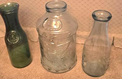 LOT 38D: Libbey Glass Bicentennial Eagle 5 Gallon Jug, Vintage Vin Litre Green Glass Decanter, and Cow and Star 1890 Milk Jug