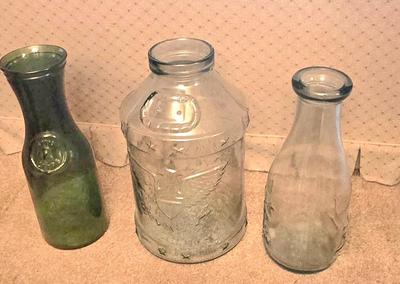 LOT 38D: Libbey Glass Bicentennial Eagle 5 Gallon Jug, Vintage Vin Litre Green Glass Decanter, and Cow and Star 1890 Milk Jug