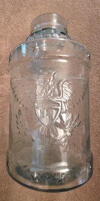 LOT 38D: Libbey Glass Bicentennial Eagle 5 Gallon Jug, Vintage Vin Litre Green Glass Decanter, and Cow and Star 1890 Milk Jug