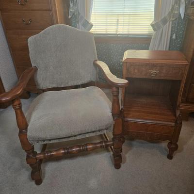 LOT 52X: Vintage Accent Chair and Side Table with Drawer and Shelf