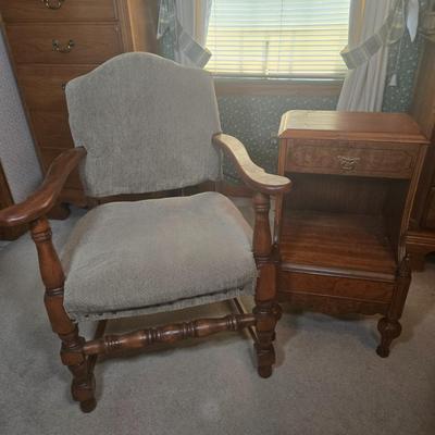 LOT 52X: Vintage Accent Chair and Side Table with Drawer and Shelf