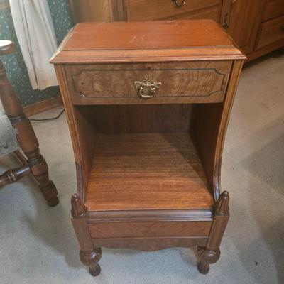 LOT 52X: Vintage Accent Chair and Side Table with Drawer and Shelf
