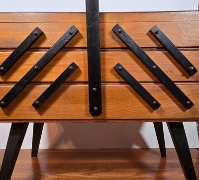 LOT 57X: Vintage Cantilever Sewing Box with Various Sewing Supplies
