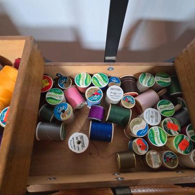 LOT 57X: Vintage Cantilever Sewing Box with Various Sewing Supplies