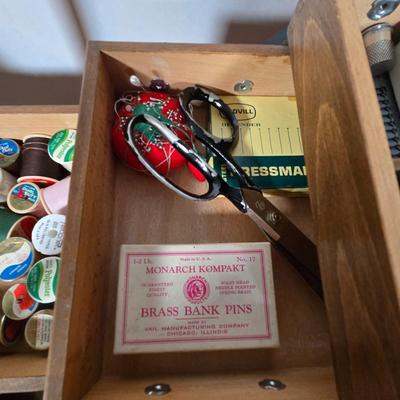 LOT 57X: Vintage Cantilever Sewing Box with Various Sewing Supplies