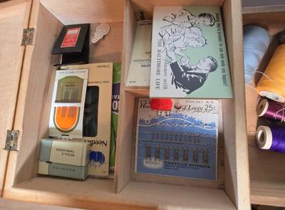 LOT 57X: Vintage Cantilever Sewing Box with Various Sewing Supplies