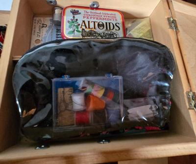 LOT 57X: Vintage Cantilever Sewing Box with Various Sewing Supplies