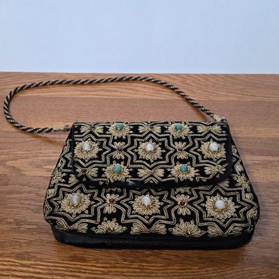 LOT 59X: Collection of Purses Including a Crochet Knitted Back-Pack, Beaded, Black Velvet Bag from India, Vintage Tapestry Bag, Gold...
