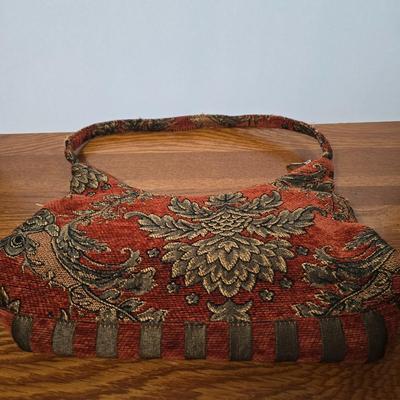 LOT 59X: Collection of Purses Including a Crochet Knitted Back-Pack, Beaded, Black Velvet Bag from India, Vintage Tapestry Bag, Gold...