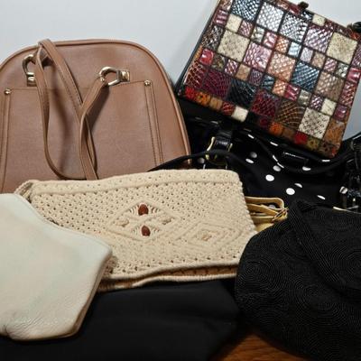 LOT 60X: Collection of Hand Bags Including Snake Skin-Like Bag, Vintage Macrame Wristlet, Black Beaded Bag, and More
