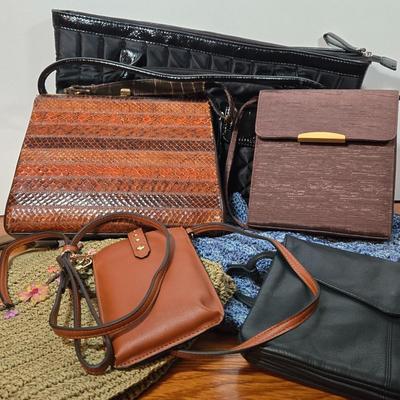 LOT 61X: Collection of Purses Including Snake Skin-Like Bag, Cross Body Theatre Bag, Blue Crochet Bag with Matching Coin Purse, and More