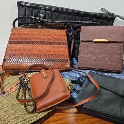 LOT 61X: Collection of Purses Including Snake Skin-Like Bag, Cross Body Theatre Bag, Blue Crochet Bag with Matching Coin Purse, and More