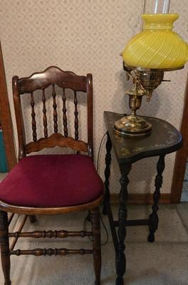 LOT 63X: Vintage Spindle Back Chair, Side Table, and Vintage Lamp