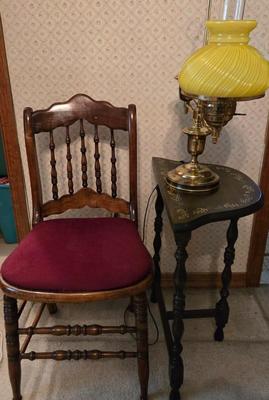 LOT 63X: Vintage Spindle Back Chair, Side Table, and Vintage Lamp