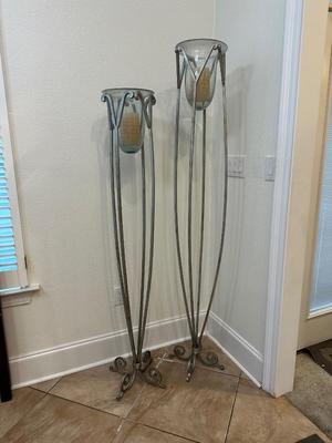 Pair of Tall Metal Floor Candle Holders with Blown Glass Inserts
