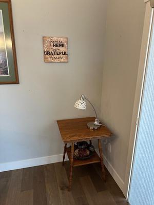 ANTIQUE OAK TABLE WITH LAMP AND DECOR