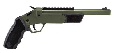 Sale Photo Thumbnail #305: MANUFACTURER: Rossi
FAMILY: TUFFY SERIES
MODEL: Brawler
TYPE: Specialty Handgun
ITEM GROUP: Specialty Pistols
ACTION: Single Shot
CALIBER/GAUGE: 410 Bore | 45 Colt
FINISH: OD Green Cerakote
FINISH TYPE: Applied Finish
STOCK: Synthetic Stock
STOCK/GRIPS: B