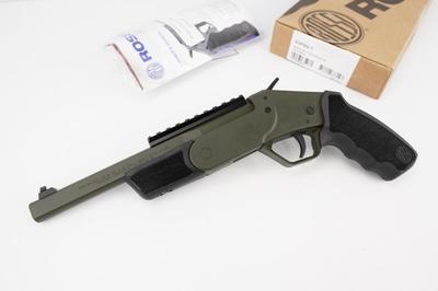 Sale Photo Thumbnail #306: MANUFACTURER: Rossi
FAMILY: TUFFY SERIES
MODEL: Brawler
TYPE: Specialty Handgun
ITEM GROUP: Specialty Pistols
ACTION: Single Shot
CALIBER/GAUGE: 410 Bore | 45 Colt
FINISH: OD Green Cerakote
FINISH TYPE: Applied Finish
STOCK: Synthetic Stock
STOCK/GRIPS: B