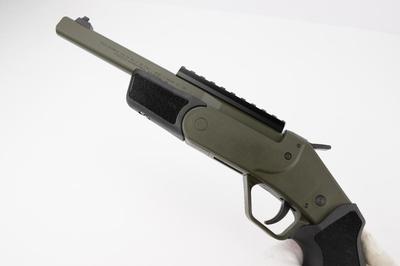 Sale Photo Thumbnail #307: MANUFACTURER: Rossi
FAMILY: TUFFY SERIES
MODEL: Brawler
TYPE: Specialty Handgun
ITEM GROUP: Specialty Pistols
ACTION: Single Shot
CALIBER/GAUGE: 410 Bore | 45 Colt
FINISH: OD Green Cerakote
FINISH TYPE: Applied Finish
STOCK: Synthetic Stock
STOCK/GRIPS: B