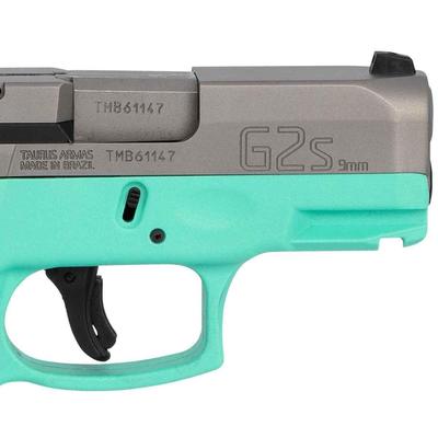 Sale Photo Thumbnail #324: MANUFACTURER: Taurus
FAMILY: G2S Series
MODEL: G2S
TYPE: Semi-Auto Pistol
ITEM GROUP: Centerfire Polymer Pistols
ACTION: Striker Fired
CALIBER/GAUGE: 9mm
FINISH: Stainless
FINISH TYPE: Stainless Steel
FRAME: Polymer Frame
STOCK/GRIPS: Cyan Polymer
BARREL: