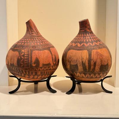 L821 Pair Of Vintage African Carved Gourds