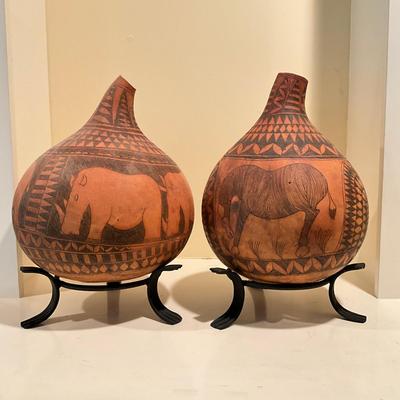 L821 Pair Of Vintage African Carved Gourds
