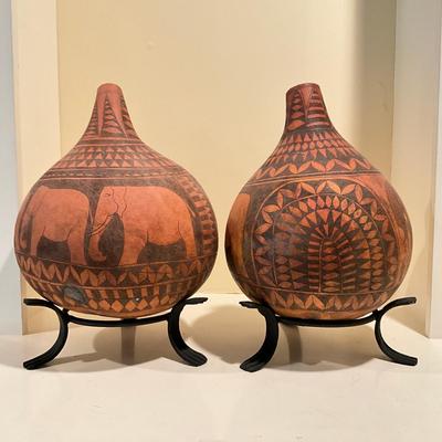 L821 Pair Of Vintage African Carved Gourds