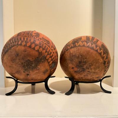 L821 Pair Of Vintage African Carved Gourds