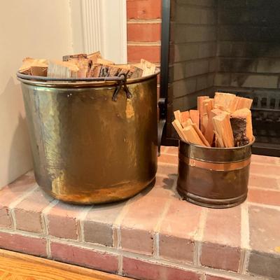 L829 Pair Of Brass Buckets With Kindling