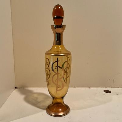 L832 Mid Century Amber Glass Gold Trim Decanter Bottle & Cordial Set