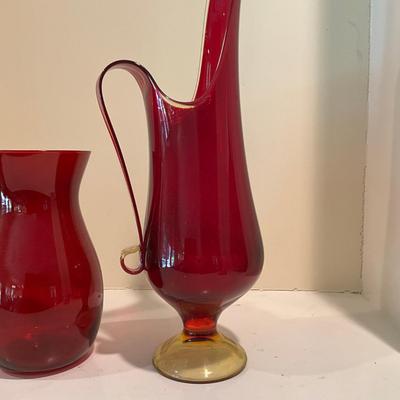 L835 Vintage Viking Amberina Swung Red Glass Pitcher & Red Glass Vase