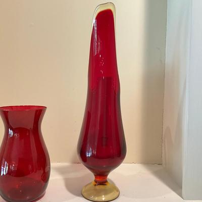 L835 Vintage Viking Amberina Swung Red Glass Pitcher & Red Glass Vase