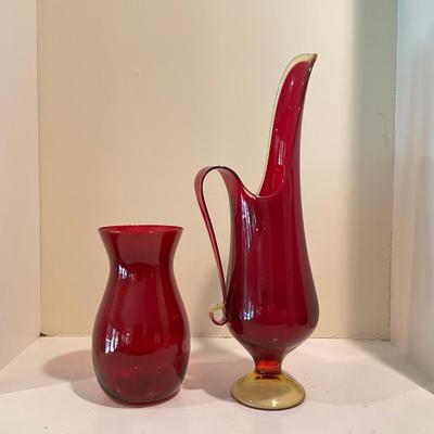 L835 Vintage Viking Amberina Swung Red Glass Pitcher & Red Glass Vase