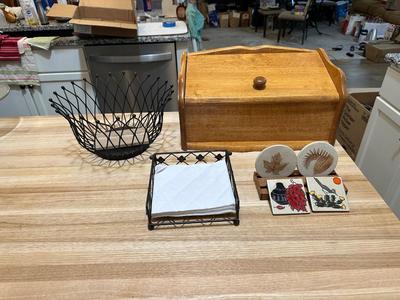 BREAD BOX, WIRE BASKET, NAPKIN RACK AND COASTERS