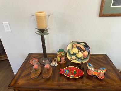 PALM TREE CANDLE, WALL SCONCES AND MEXICAN POTTERY