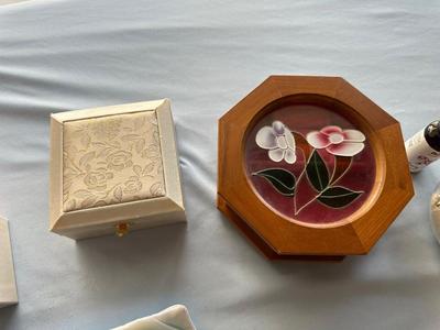 JEWELRY BOXES AND BAGS, ONE IS A MUSIC BOX