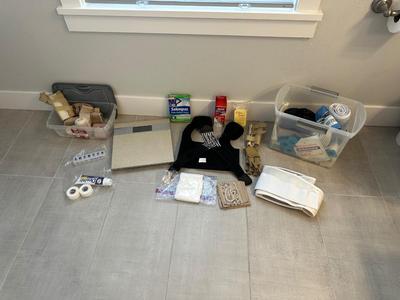 MISC BRACES WITH STORAGE BINS AND A BATH SCALE
