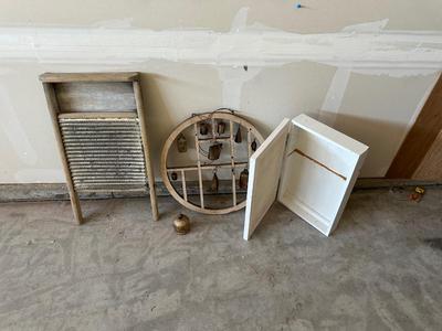 OLD WASH BOARD, BELL CHIMES AND WOOD STORAGE BOX