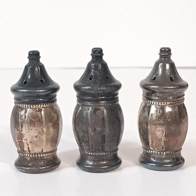 LOT 157: Set of 3 Sterling Silver Salt Shakers with Weighted Silver & Plated Items
