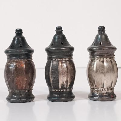 LOT 157: Set of 3 Sterling Silver Salt Shakers with Weighted Silver & Plated Items