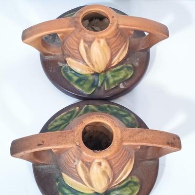 LOT 158: Roseville Pottery Water Lily Candle Stick Holders