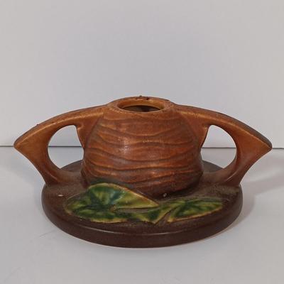 LOT 158: Roseville Pottery Water Lily Candle Stick Holders