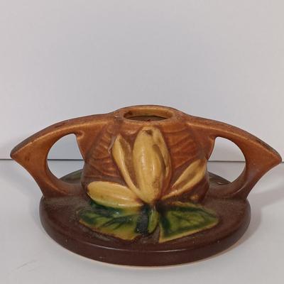 LOT 158: Roseville Pottery Water Lily Candle Stick Holders